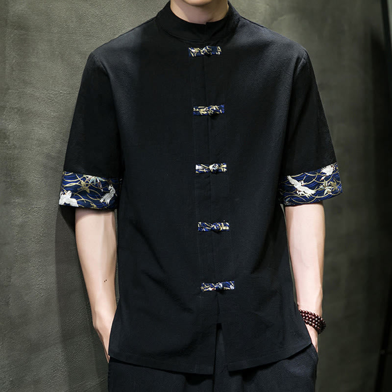 Buddha Stones Solid Color Frog-Button Stand Collar Men's Short Sleeve White Crane Cotton Shirt - image 1