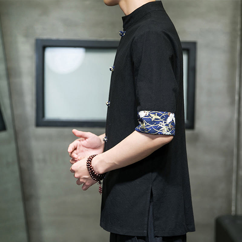 Buddha Stones Solid Color Frog-Button Stand Collar Men's Short Sleeve White Crane Cotton Shirt - image 6