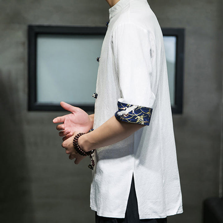 Buddha Stones Solid Color Frog-Button Stand Collar Men's Short Sleeve White Crane Cotton Shirt - image 14