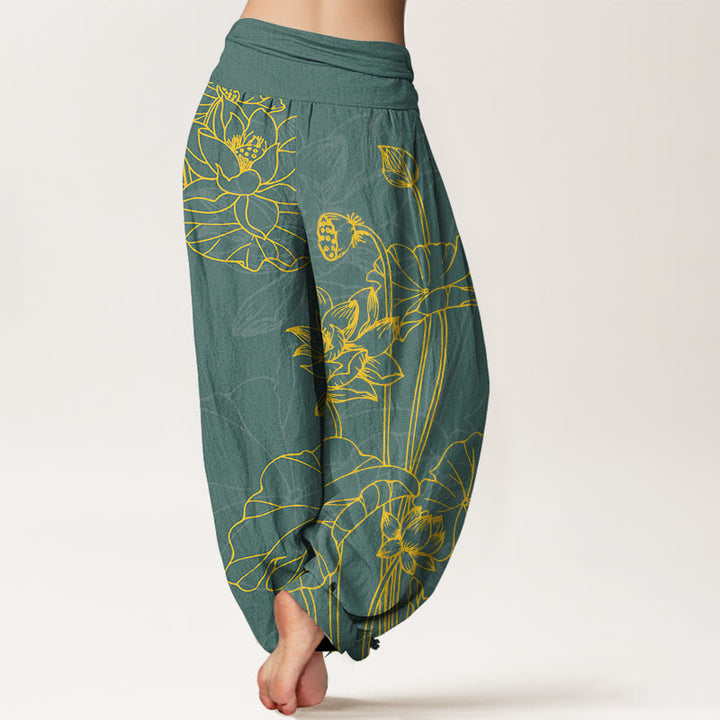 Buddha Stones Pure Cotton Concise Lotus Flower Leaf Pod Bud Pattern Women's Elastic Waist Harem Pants - image 1