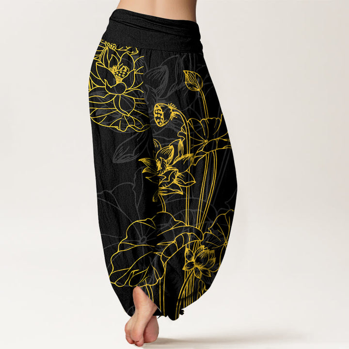 Buddha Stones Pure Cotton Concise Lotus Flower Leaf Pod Bud Pattern Women's Elastic Waist Harem Pants - image 9