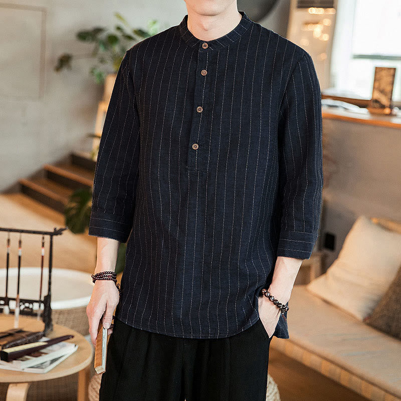 Buddha Stones Plaid Half Buttons Stand Collar Three Quarter Sleeve Cotton Men's Shirt - SteelBlue - US/UK/AU46，EU56 (5XL) - image 0