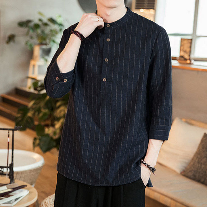 Buddha Stones Plaid Half Buttons Stand Collar Three Quarter Sleeve Cotton Men's Shirt - image 2