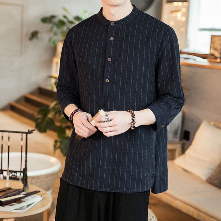 Buddha Stones Plaid Half Buttons Stand Collar Three Quarter Sleeve Cotton Men's Shirt - image 4