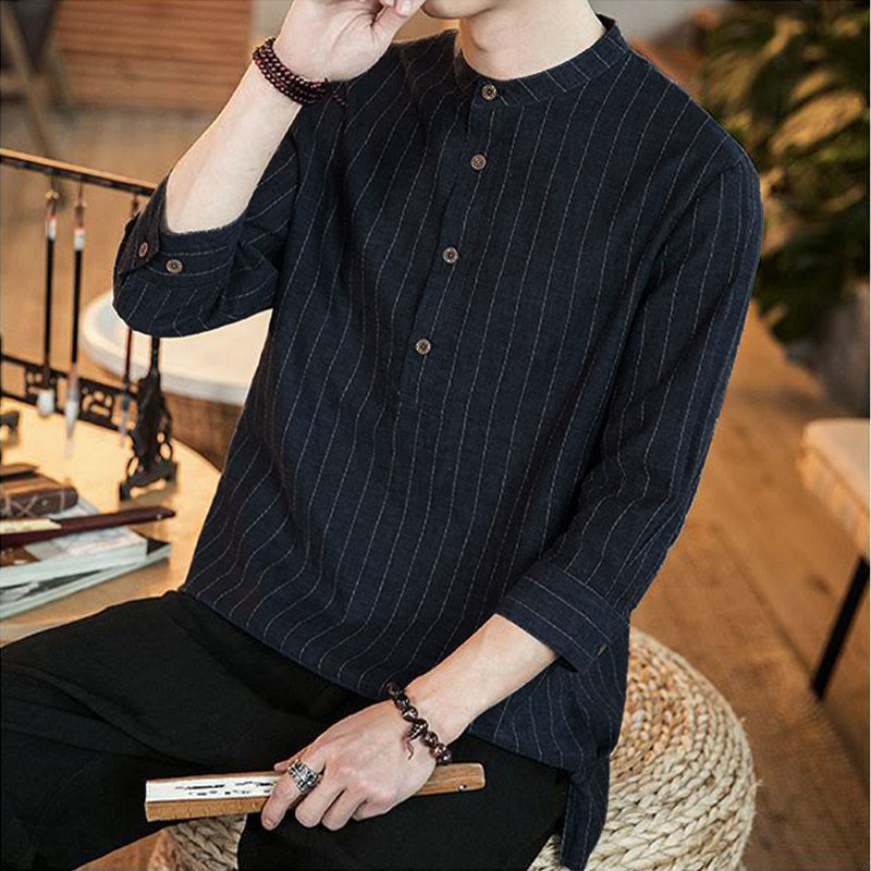 Buddha Stones Plaid Half Buttons Stand Collar Three Quarter Sleeve Cotton Men's Shirt - image 8