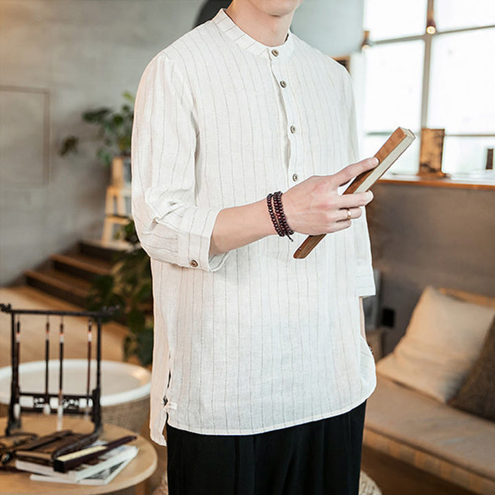 Buddha Stones Plaid Half Buttons Stand Collar Three Quarter Sleeve Cotton Men's Shirt - image 13