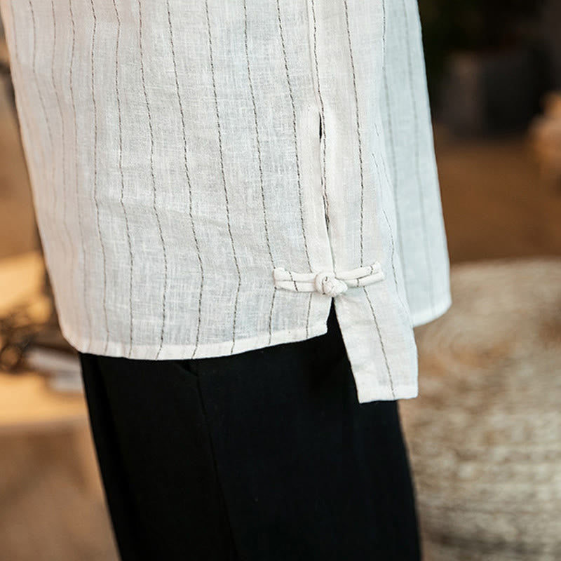 Buddha Stones Plaid Half Buttons Stand Collar Three Quarter Sleeve Cotton Men's Shirt - image 21