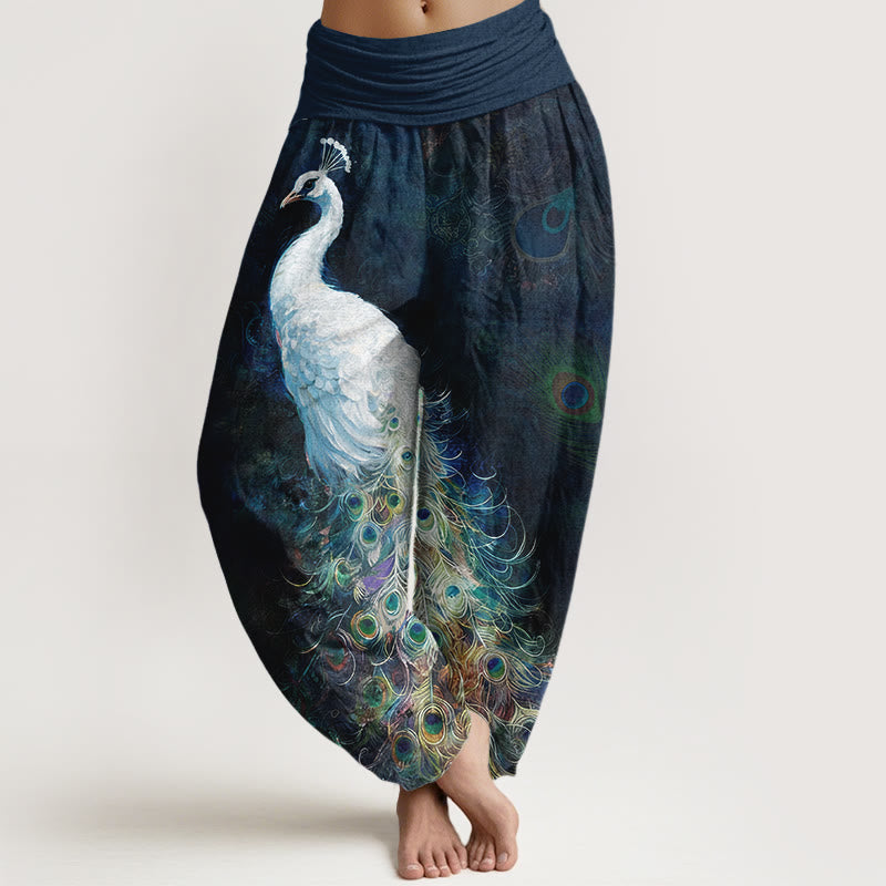 Buddha Stones Pure Cotton Gorgeous Peacock Pattern Women's Elastic Waist Harem Pants - MidnightBlue - US16，UK/AU20，EU48 (3XL) - image 0