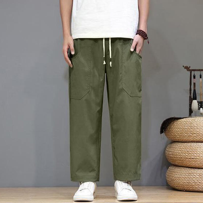 Buddha Stones Summer Solid Color Drawstring Straight Leg 7-8 Length Men's Pants With Pockets - image 1