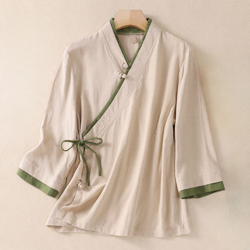 Buddha Stones Retro Lace-up Frog-Button Design Women's Three Quarter Sleeve Shirt - PapayaWhip - US8-10，UK/AU12-14，EU40-42 (2XL) - image 1