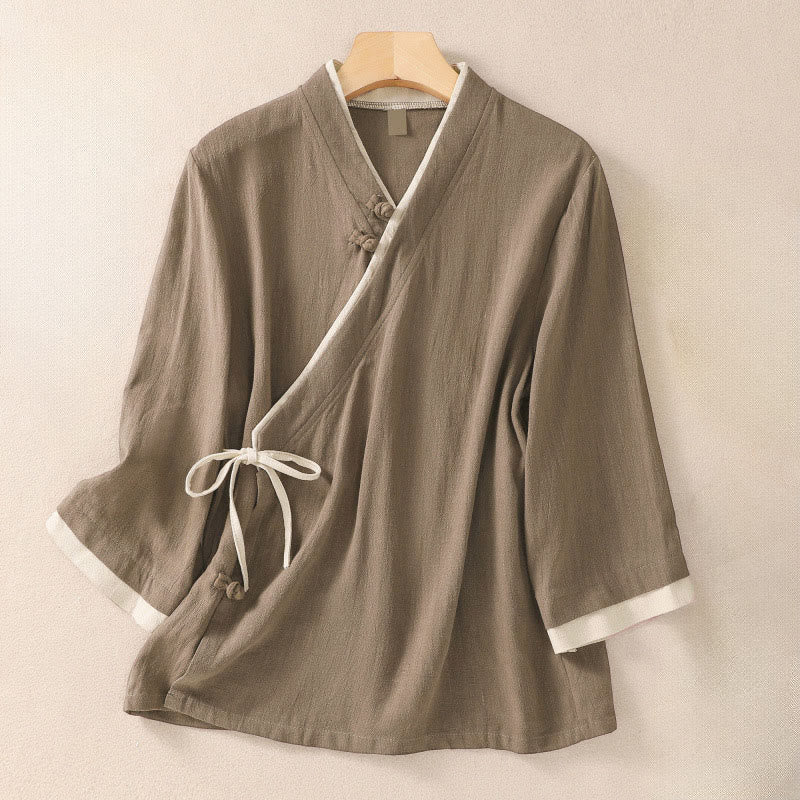 Buddha Stones Retro Lace-up Frog-Button Design Women's Three Quarter Sleeve Shirt - Tan - US8-10，UK/AU12-14，EU40-42 (2XL) - image 14