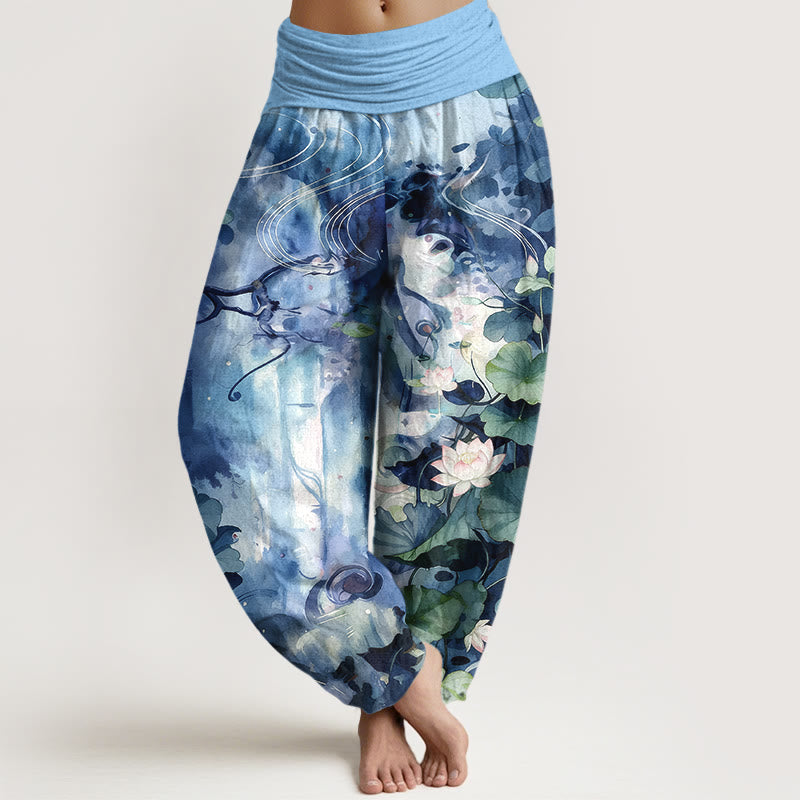 Buddha Stones Pure Cotton Watercolor Style Lotus Flower Leaf Pattern Women's Elastic Waist Harem Pants - DeepSkyBlue - US16，UK/AU20，EU48 (3XL) - image 0