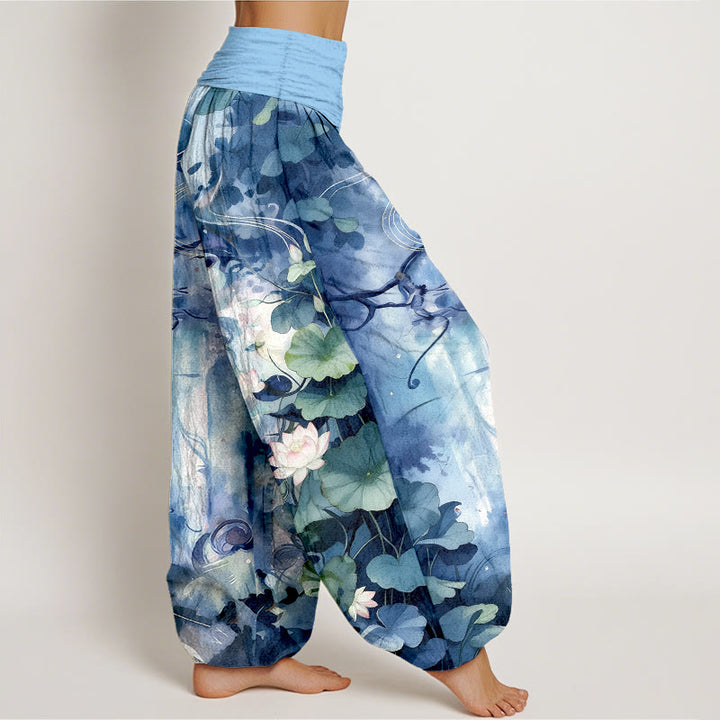 Buddha Stones Pure Cotton Watercolor Style Lotus Flower Leaf Pattern Women's Elastic Waist Harem Pants - image 2