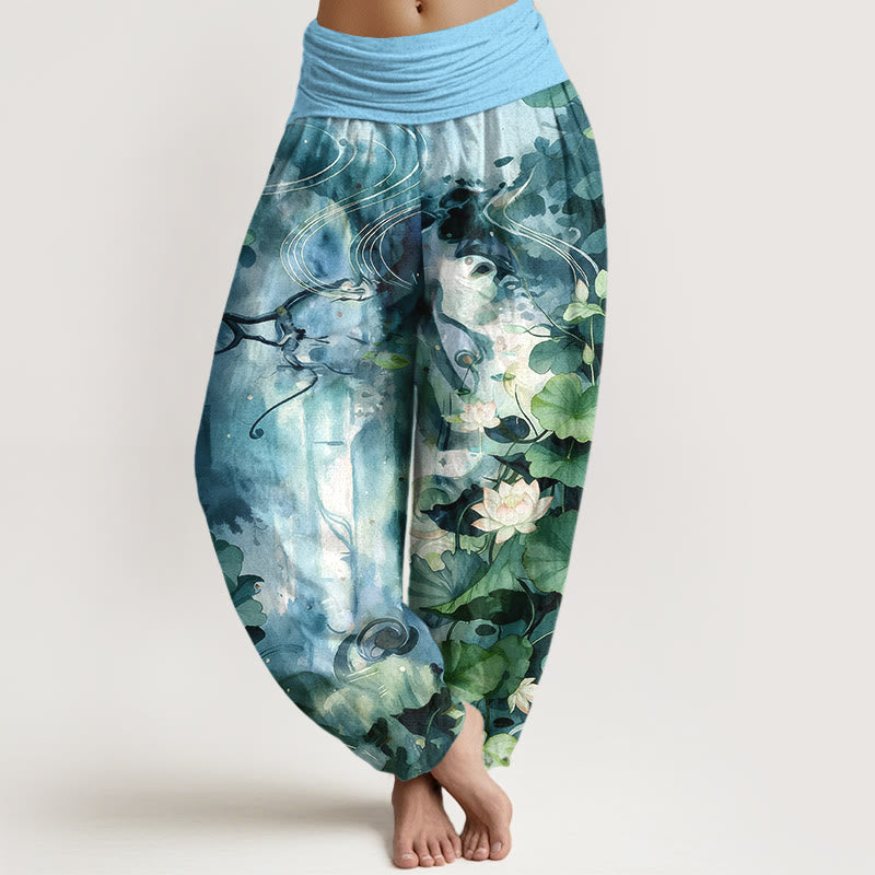 Buddha Stones Pure Cotton Watercolor Style Lotus Flower Leaf Pattern Women's Elastic Waist Harem Pants - LightSkyBlue - US16，UK/AU20，EU48 (3XL) - image 5
