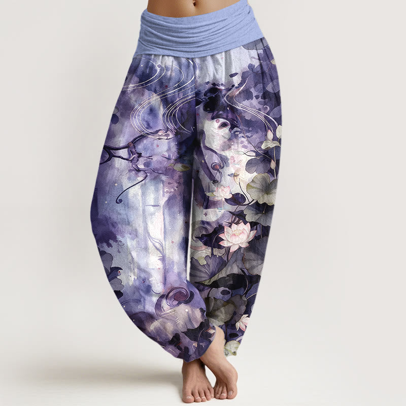 Buddha Stones Pure Cotton Watercolor Style Lotus Flower Leaf Pattern Women's Elastic Waist Harem Pants - DarkOrchid - US16，UK/AU20，EU48 (3XL) - image 8