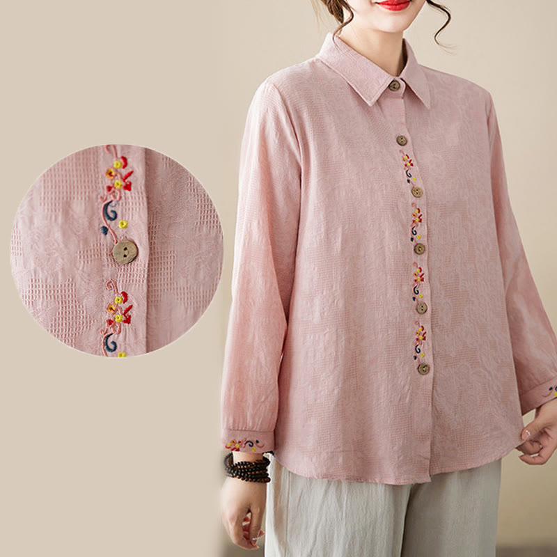 Buddha Stones Spring Plain Embroidered Flower Pattern Button Women's Long Sleeve Cotton Lapel Shirt - image 11