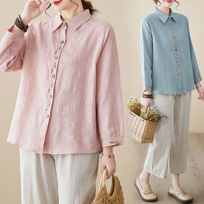 Buddha Stones Spring Plain Embroidered Flower Pattern Button Women's Long Sleeve Cotton Lapel Shirt - image 29
