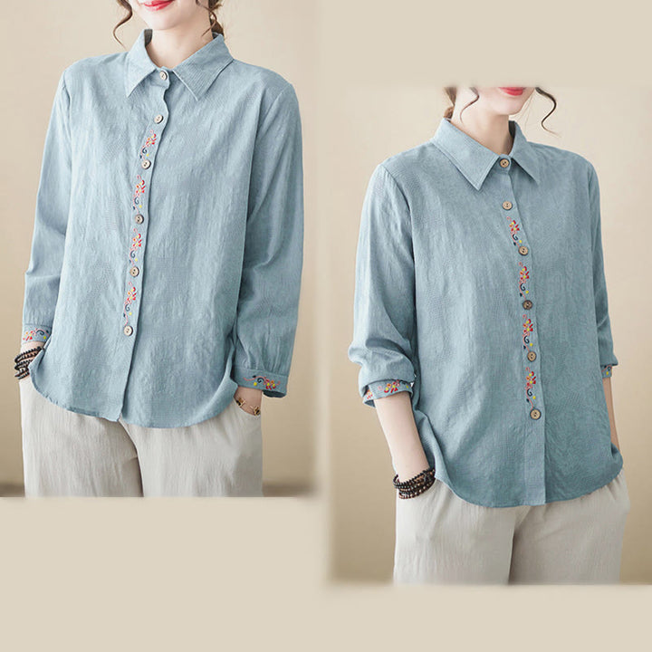 Buddha Stones Spring Plain Embroidered Flower Pattern Button Women's Long Sleeve Cotton Lapel Shirt - image 6