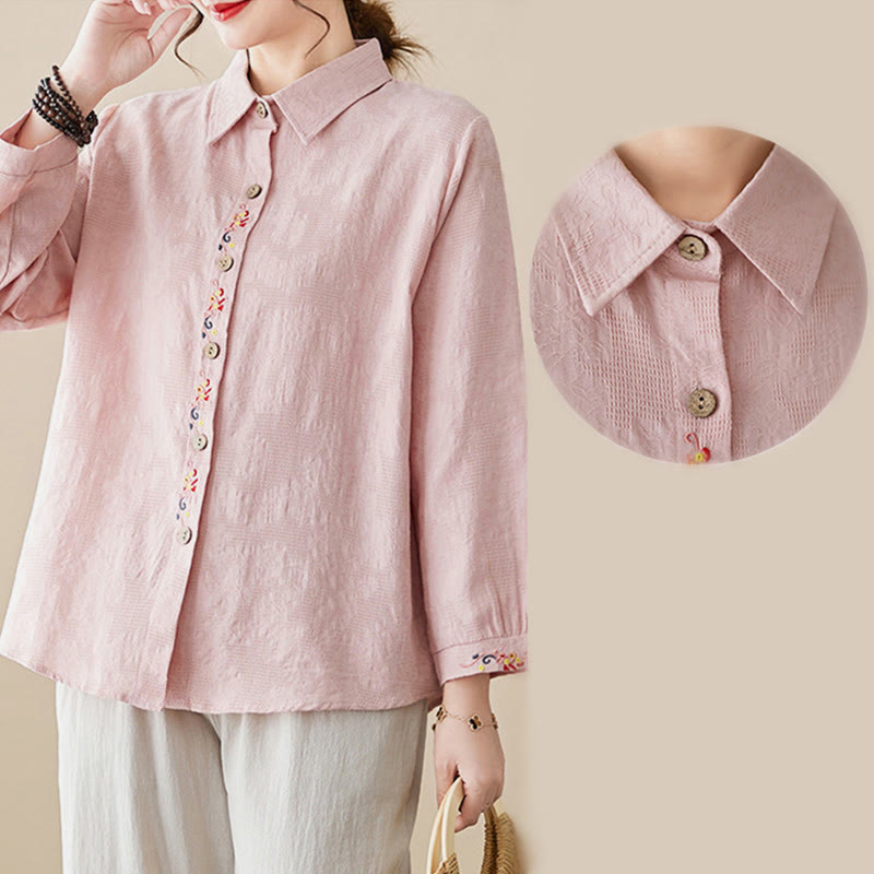 Buddha Stones Spring Plain Embroidered Flower Pattern Button Women's Long Sleeve Cotton Lapel Shirt - image 12