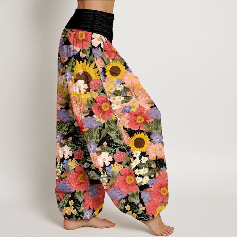 Buddha Stones Pure Cotton Colorful Sunflower Daisy Small Red Purple Flowers Pattern Women's Elastic Waist Harem Pants - image 2