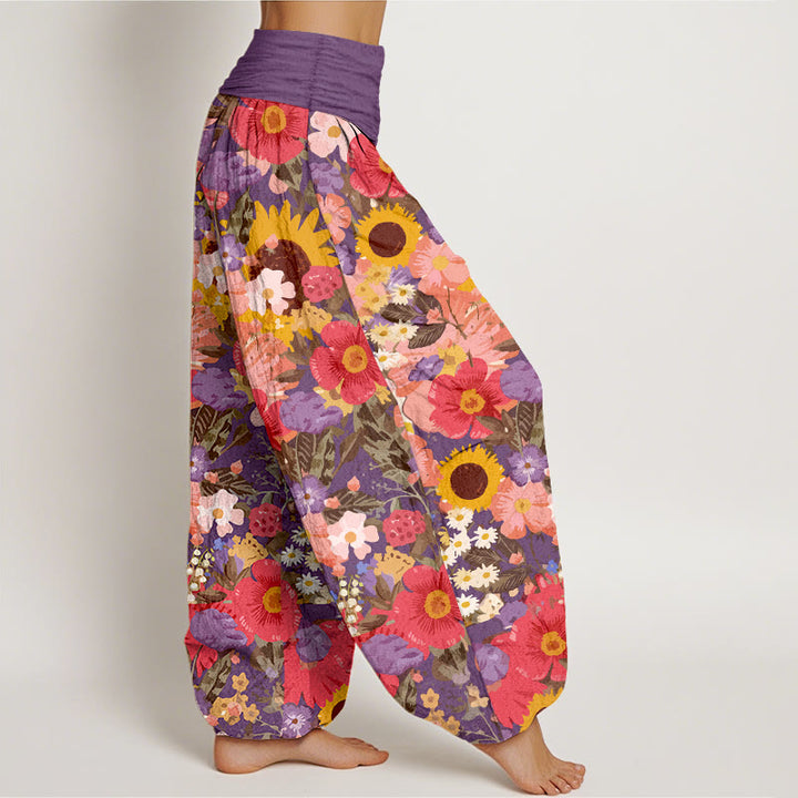 Buddha Stones Pure Cotton Colorful Sunflower Daisy Small Red Purple Flowers Pattern Women's Elastic Waist Harem Pants - image 7