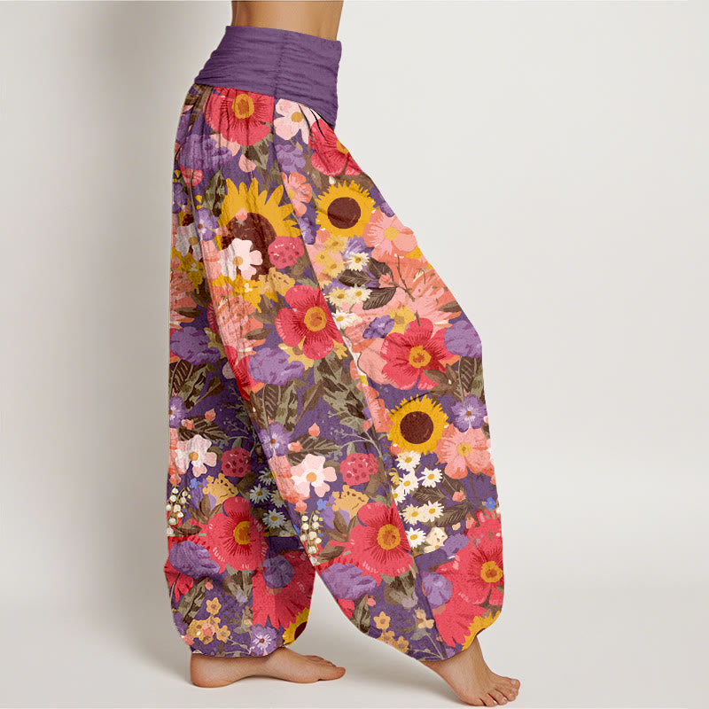 Buddha Stones Pure Cotton Colorful Sunflower Daisy Small Red Purple Flowers Pattern Women's Elastic Waist Harem Pants - image 7