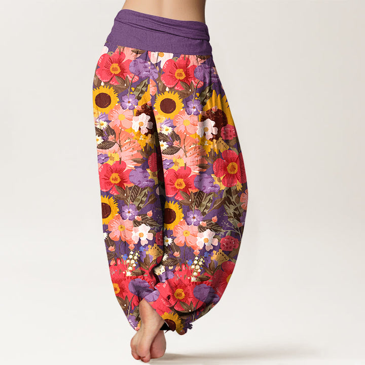 Buddha Stones Pure Cotton Colorful Sunflower Daisy Small Red Purple Flowers Pattern Women's Elastic Waist Harem Pants - image 6