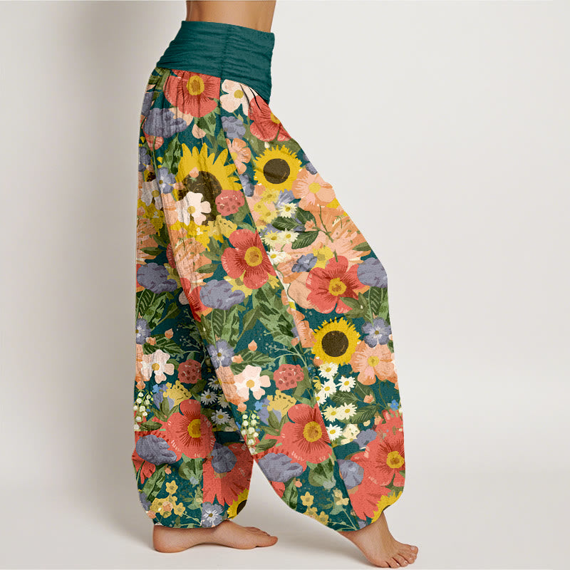 Buddha Stones Pure Cotton Colorful Sunflower Daisy Small Red Purple Flowers Pattern Women's Elastic Waist Harem Pants - image 10
