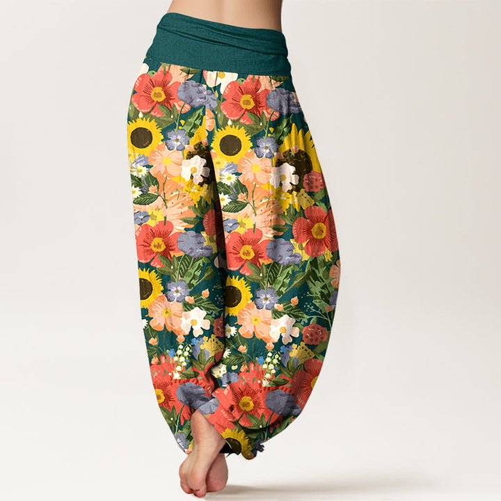Buddha Stones Pure Cotton Colorful Sunflower Daisy Small Red Purple Flowers Pattern Women's Elastic Waist Harem Pants - image 9