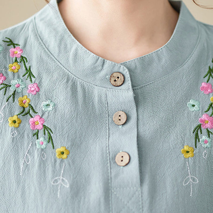Buddha Stones Women's Spring Embroidered Flower Pattern Stand Collar Long Sleeve Cotton Shirt - image 11