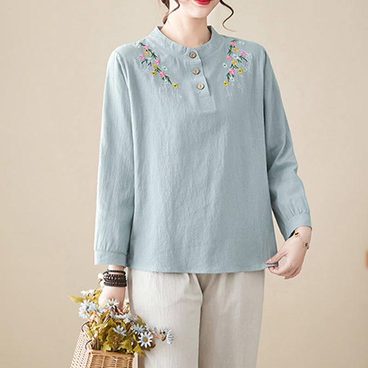 Buddha Stones Women's Spring Embroidered Flower Pattern Stand Collar Long Sleeve Cotton Shirt - image 7