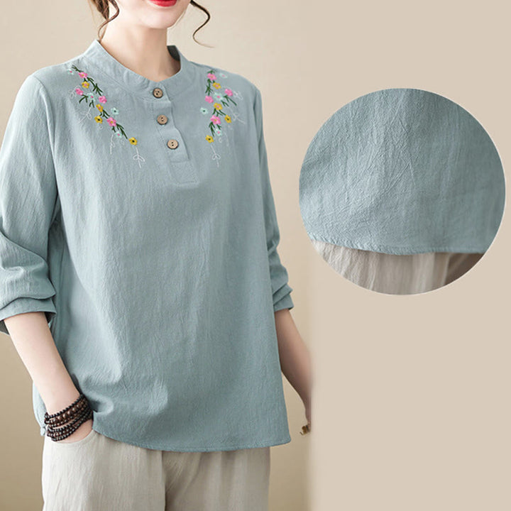 Buddha Stones Women's Spring Embroidered Flower Pattern Stand Collar Long Sleeve Cotton Shirt - image 19