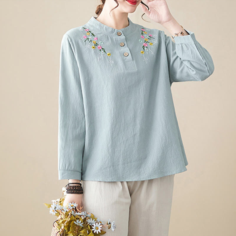Buddha Stones Women's Spring Embroidered Flower Pattern Stand Collar Long Sleeve Cotton Shirt - image 8