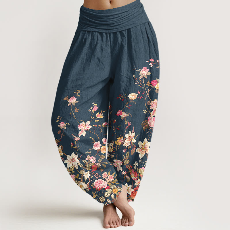 Buddha Stones Pure Cotton Exquisite Colorful Flower Pattern Women's Elastic Waist Harem Pants - DarkSlateBlue - US16，UK/AU20，EU48 (3XL) - image 5