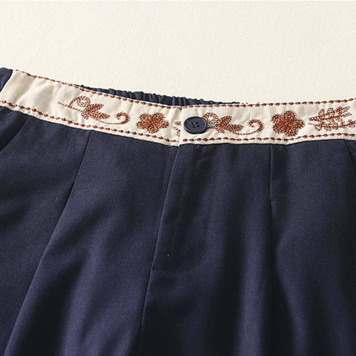 Buddha Stones Women's Embroidery Elastic Waistband Zipper Design Cotton Wide Leg Pants With Pockets - image 17