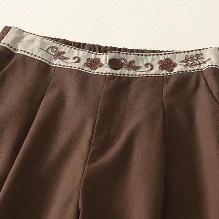 Buddha Stones Women's Embroidery Elastic Waistband Zipper Design Cotton Wide Leg Pants With Pockets - image 23