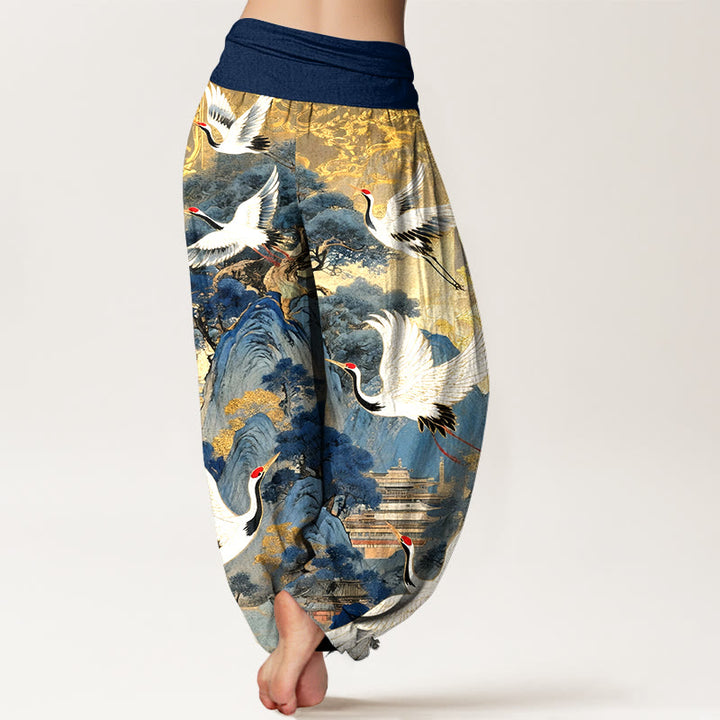 Buddha Stones Pure Cotton Gorgeous Crane Mountain Pine Tree Pattern Women's Elastic Waist Harem Pants - image 1