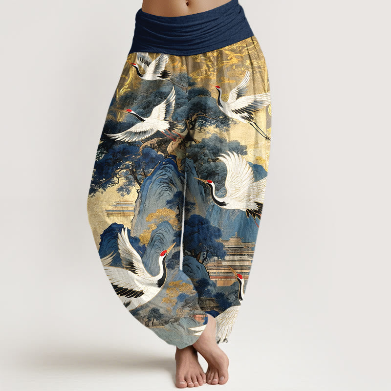 Buddha Stones Pure Cotton Gorgeous Crane Mountain Pine Tree Pattern Women's Elastic Waist Harem Pants - DarkBlue - US16，UK/AU20，EU48 (3XL) - image 0