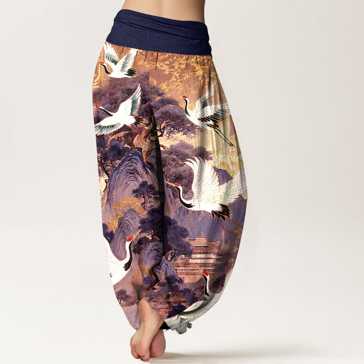 Buddha Stones Pure Cotton Gorgeous Crane Mountain Pine Tree Pattern Women's Elastic Waist Harem Pants - image 6