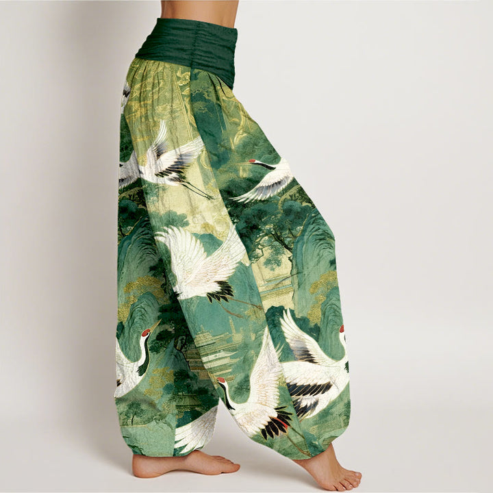 Buddha Stones Pure Cotton Gorgeous Crane Mountain Pine Tree Pattern Women's Elastic Waist Harem Pants - image 10