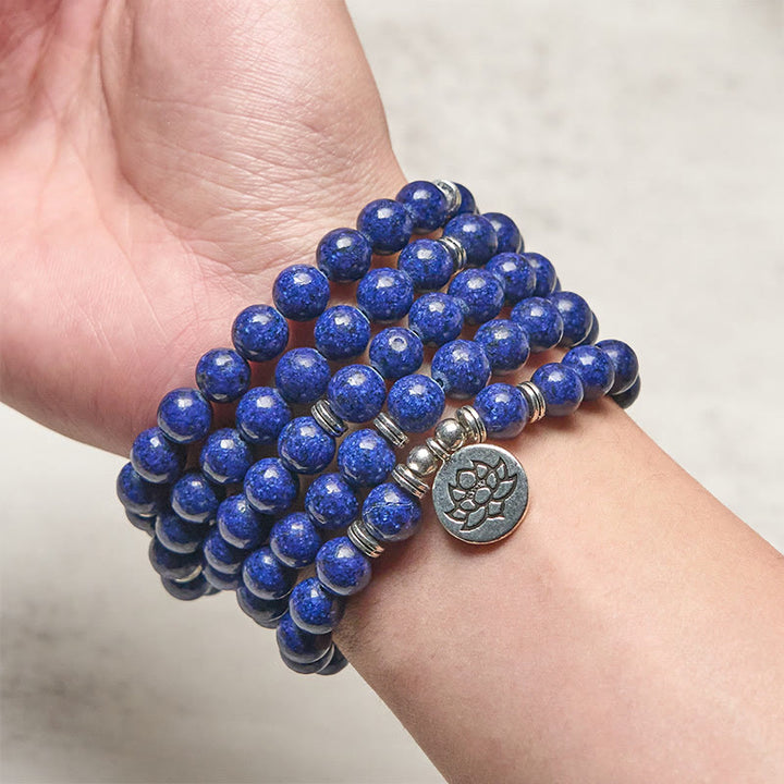 Buddha Stones 108 Beads Lazurite Lapis Lazuli Lotus Symbol Charm Positive Mala - image 3