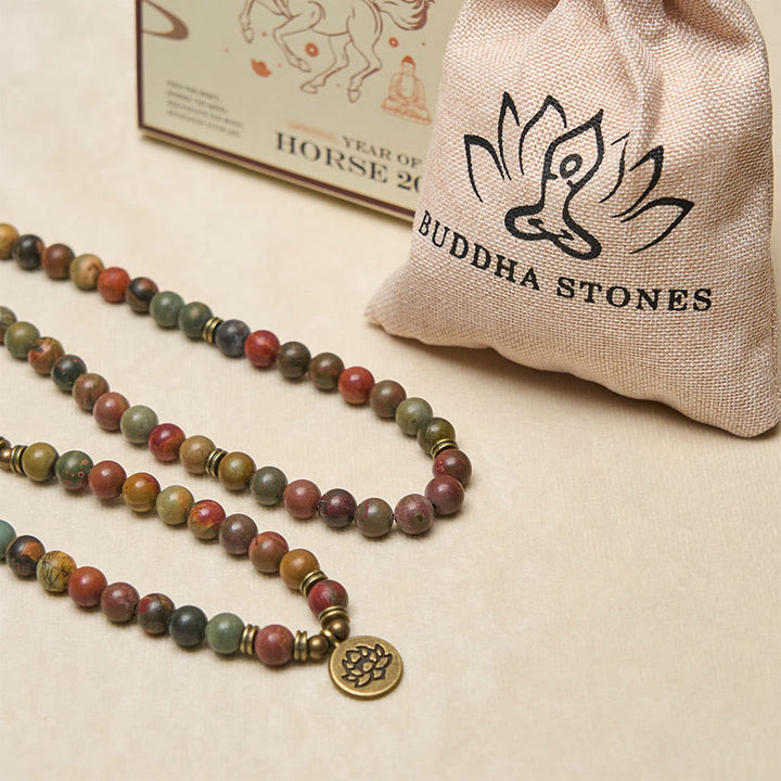 Buddha Stones Retro Lotus Symbol Charm Round Bead Red Turquoise Warm Mala - image 5