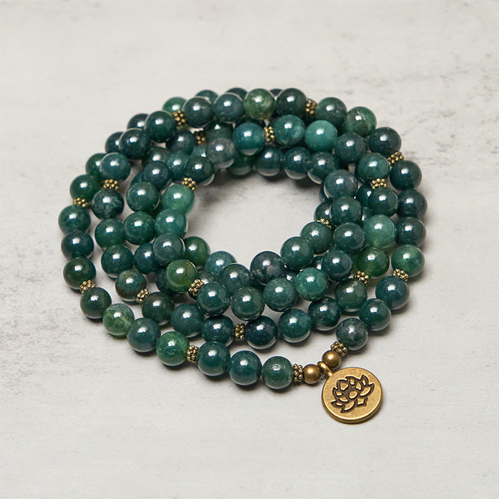 Buddha Stones Lotus Symbol Charm Round Bead Moss Agate Healing Mala - image 1