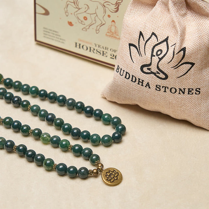 Buddha Stones Lotus Symbol Charm Round Bead Moss Agate Healing Mala - image 5