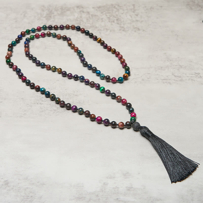 Buddha Stones Multicolored Yellow Tiger Eye Green Tiger Eye Blue Tiger Eye Red Tiger Eye Beaded Tassel Strength Mala - image 1