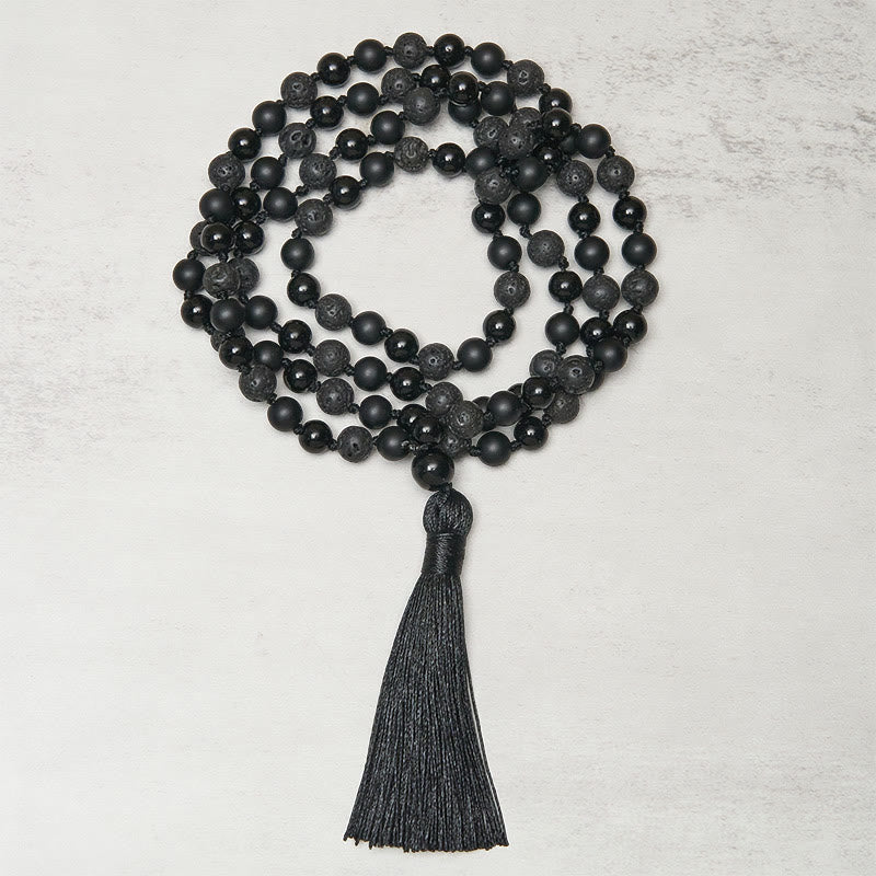 Buddha Stones 8mm Beads Black Onyx Lava Rock Tassel Protection Fortune Mala - image 1