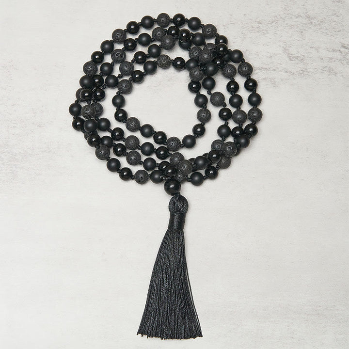 Buddha Stones 8mm Beads Black Onyx Lava Rock Tassel Protection Fortune Mala - image 1