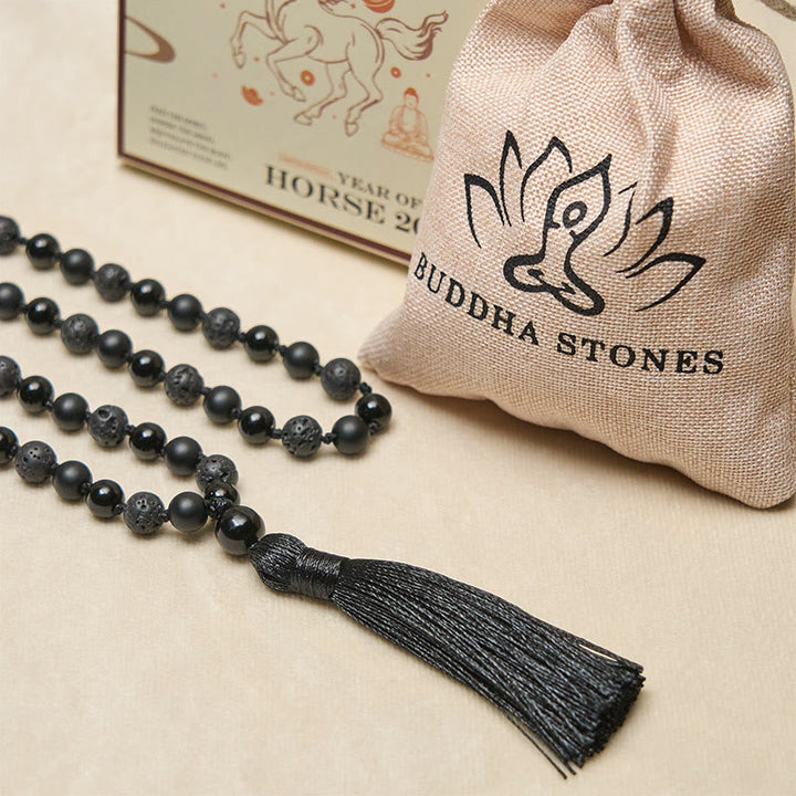 Buddha Stones 8mm Beads Black Onyx Lava Rock Tassel Protection Fortune Mala - image 5
