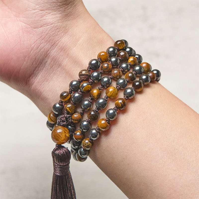 Buddha Stones 108 Beads Tiger Eye Hematite Tassel Courage Strength Mala - image 3