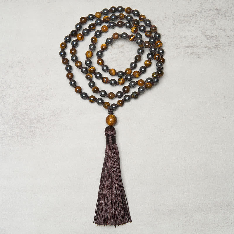 Buddha Stones 108 Beads Tiger Eye Hematite Tassel Courage Strength Mala - image 1